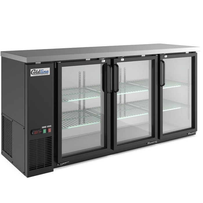 CBB-72G 72" Black Counter Height Narrow Glass Door Back Bar Refrigerator