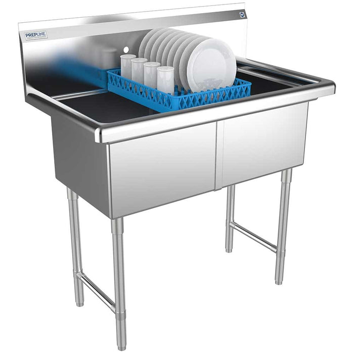 Prepline 42" Stainless Steel Two Compartment Commercial Sink - 18" x 18" Bowls