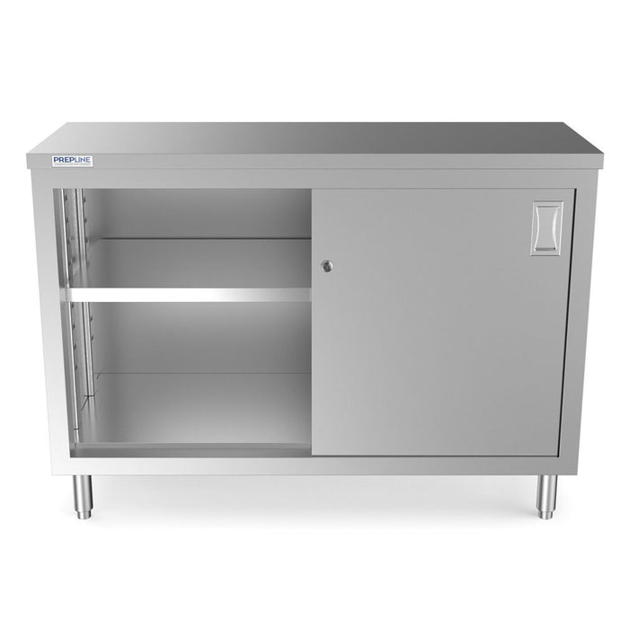 PC-1848 18"D x 48"L Stainless Steel Enclosed Base Work Table with Sliding Doors and Adjustable Shelf