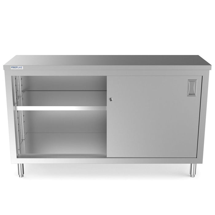 PC-1860 18"D x 60"L Stainless Steel Enclosed Base Work Table with Sliding Doors and Adjustable Shelf