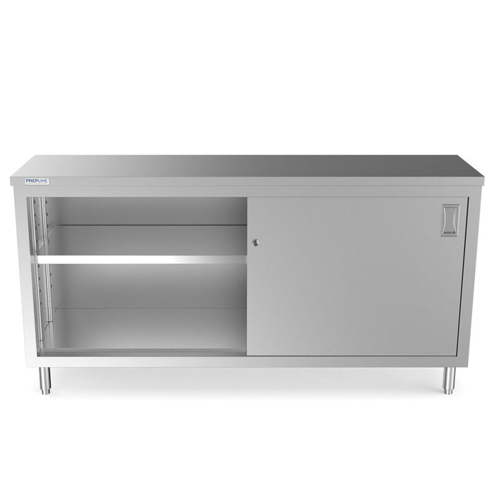 PC-1872 18"D x 72"L Stainless Steel Enclosed Base Work Table with Sliding Doors and Adjustable Shelf