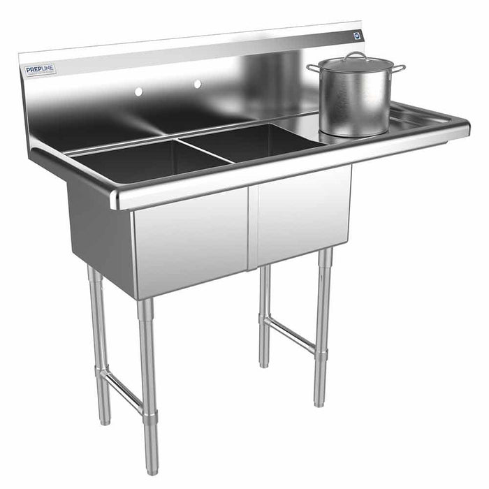Prepline 42" Stainless Steel Two Compartment Commercial Sink with Right Drainboard - 14" x 16" Bowls