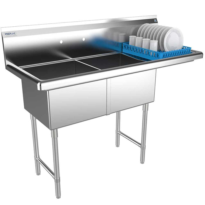 Prepline 62" Stainless Steel Two Compartment Commercial Sink with Right Drainboard - 18" x 18" Bowls