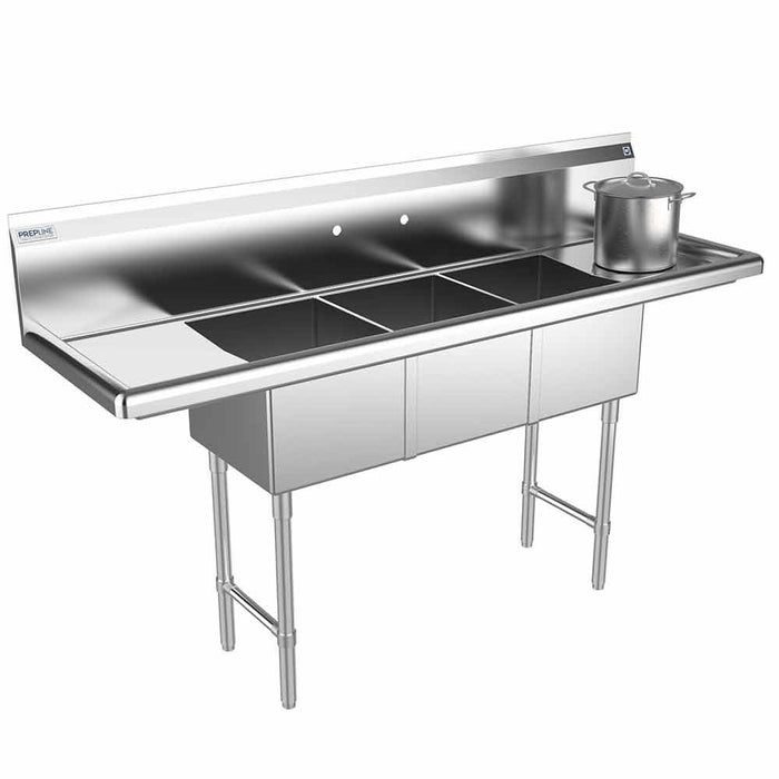 Prepline 66" Stainless Steel Three Compartment Commercial Sink with Left and Right Drainboard - 14" x 16" Bowls