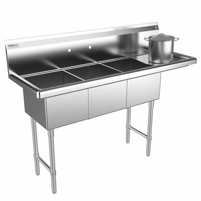 Prepline 56" Stainless Steel Three Compartment Commercial Sink with Right Drainboard - 14" x 16" Bowls
