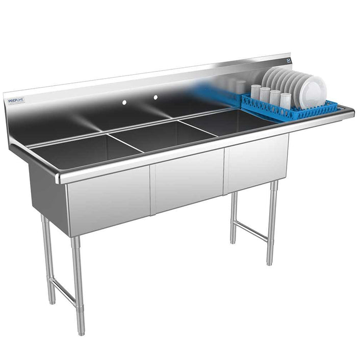 Prepline 74" Stainless Steel Three Compartment Commercial Sink with Right Drainboard - 18" x 18" Bowls