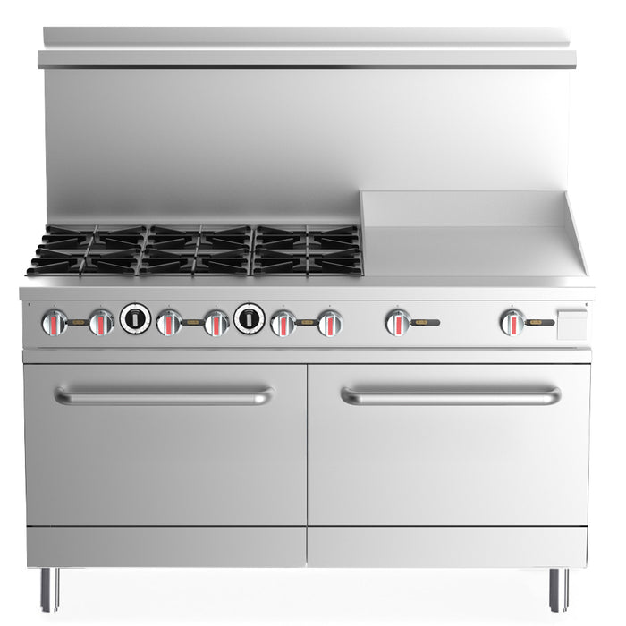 Prepline ENR6B60G24L Liquid Propane 60" Commercial Range, 6 Burner, 2 Oven, 24" Flat Griddle