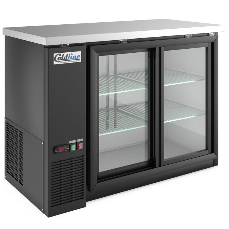 CBB-48G-SL 48” Refrigerated Narrow Black Sliding Glass Door Back Bar Cooler