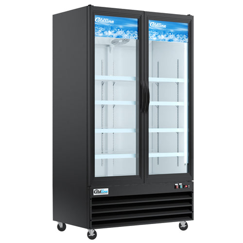 Coldline CLM-54R 54" Double Glass Swing Door Merchandiser Refrigerator with LED Lighting, Black