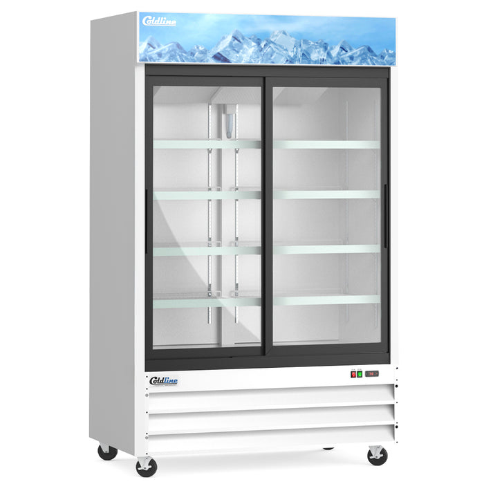 Coldline G53S-W 53" Double Glass Sliding Door Merchandiser Refrigerator with LED Lighting, White