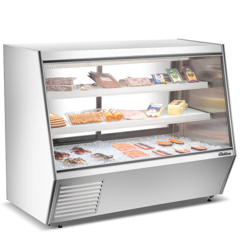 72" Refrigerated Slanted Glass Seafood Case with Built-in Drain and Rear Storage
