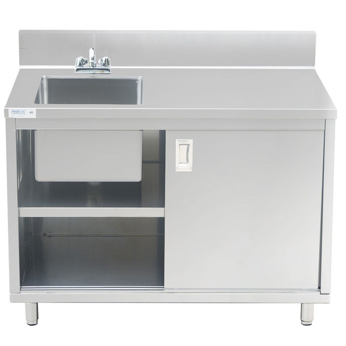 Prepline 24"D x 48"L Stainless Steel Enclosed Base Work Table with Sink and Sliding Doors