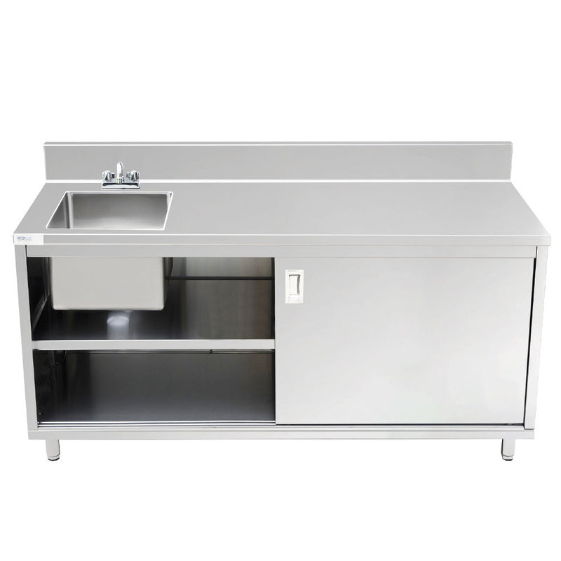 30"D x 72"L Stainless Steel Enclosed Base Work Table with Sink and Sliding Doors