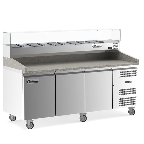 PDR-80-SG 80" Refrigerated Pizza Prep with Refrigerated Glass Topping Rail