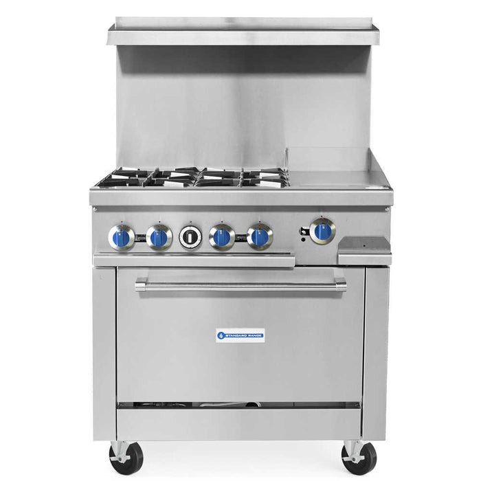 SR-R36-12MG-LP 36" Liquid Propane Commercial Range with 4 Burner, 12" Griddle, 1 Oven - 153,000 BTU