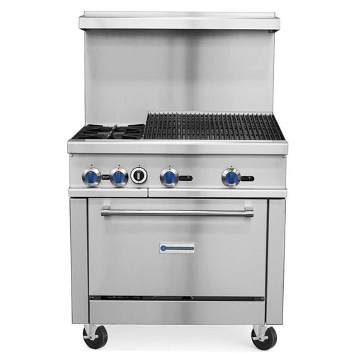 SR-R36-24CB-LP 36" Liquid Propane Commercial Range with 2 Burner, 24" Charbroiler, 1 Oven - 163,000 