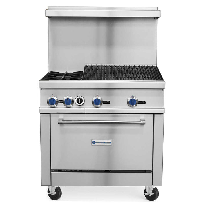 SR-R36-24CB-LP 36" Liquid Propane Commercial Range with 2 Burner, 24" Charbroiler, 1 Oven - 163,000 BTU