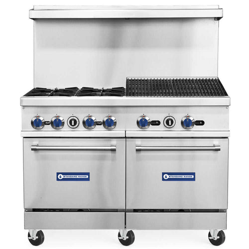 SR-R48-24CB-NG 48" Natural Gas Commercial Range with 4 Burners, 24" Char-Broiler Top, 2 Ovens - 256,