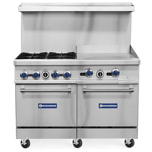 SR-R48-24MG-NG 48" Natural Gas Commercial Range with 4 Burner, 24" Griddle, 2 Oven - 246,000 BTU