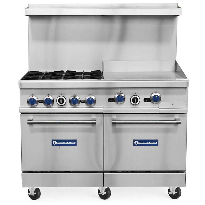 SR-R48-24MG-NG 48" Natural Gas Commercial Range with 4 Burner, 24" Griddle, 2 Oven - 246,000 BTU