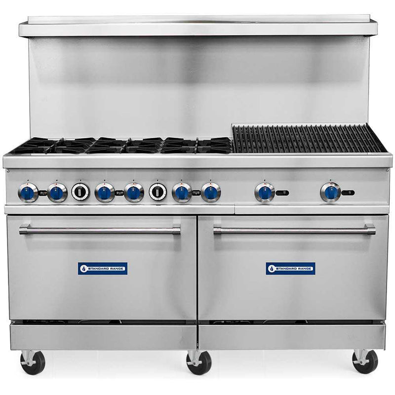 SR-R60-24CB-NG 60" Natural Gas Commercial Range with 6 Burner, 24" Charbroiler, 2 Oven - 306,000 BTU