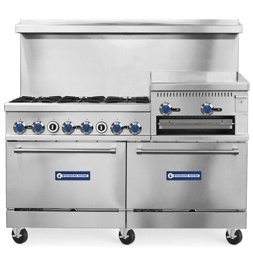 SR-R60-24RG-NG 60" Natural Gas Range with 6 Burners, 24" Raised Griddle and 2 Oven-306,000 BTU