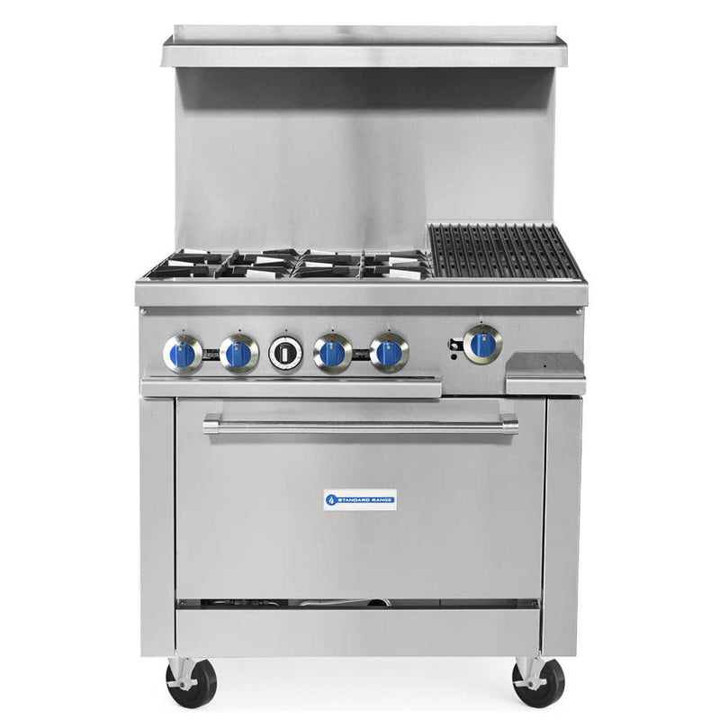 SR-R36-12CB-NG 36" Natural Gas Commercial Range with 12" Char-Broiler Top, 4 Burners, 1 Oven - 188,000 BTU