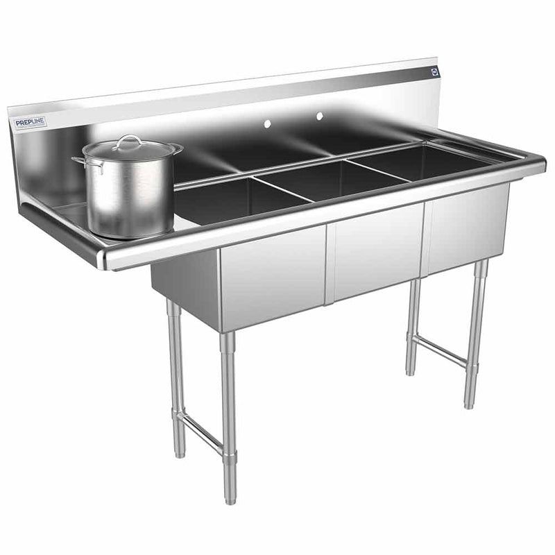 Prepline 56" Stainless Steel Three Compartment Commercial Sink with Left Drainboard - 14" x 16" Bowls