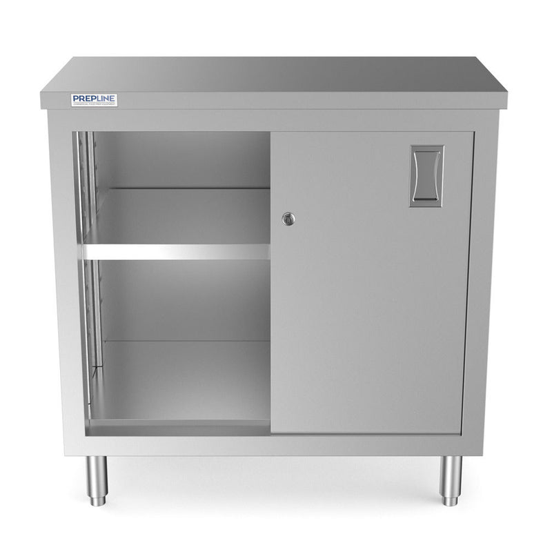 PC-1836 18"D x 36"L Stainless Steel Enclosed Base Work Table with Sliding Doors and Adjustable Shelf