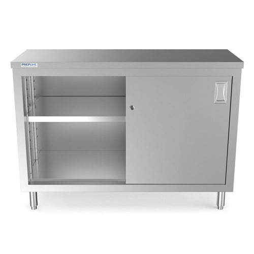PC-1848 18"D x 48"L Stainless Steel Enclosed Base Work Table with Sliding Doors and Adjustable Shelf