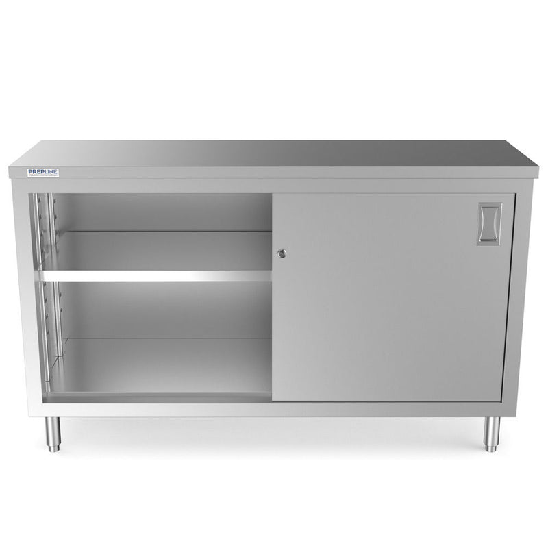PC-1860 18"D x 60"L Stainless Steel Enclosed Base Work Table with Sliding Doors and Adjustable Shelf