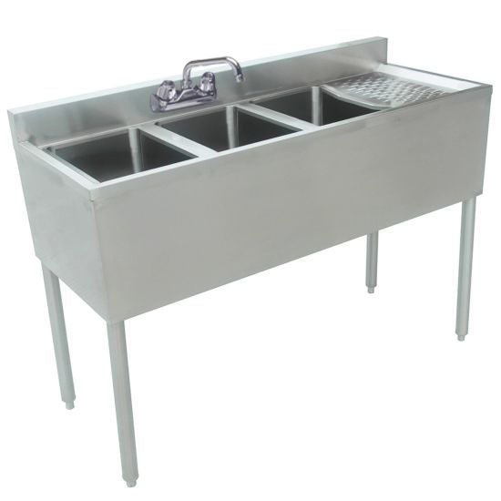 Prepline Stainless Steel 3 Bowl Underbar Hand Sink with Faucet and Right Drainboard - 48" x 18"