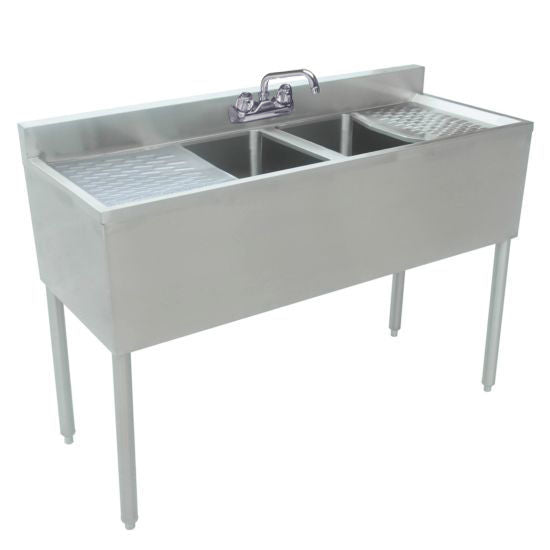 Stainless Steel 2 Bowl Underbar Hand Sink with Faucet and Two Drainboards - 48" x 18"