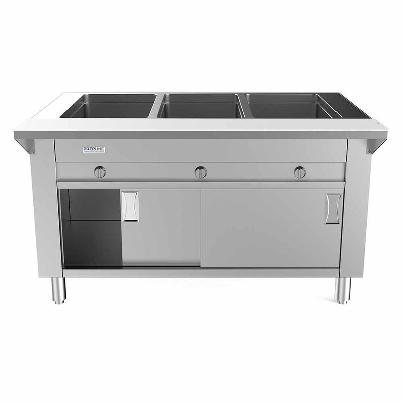 48" Three Pan Open Well Gas Hot Food Steam Table with Enclosed Base and Sliding Doors