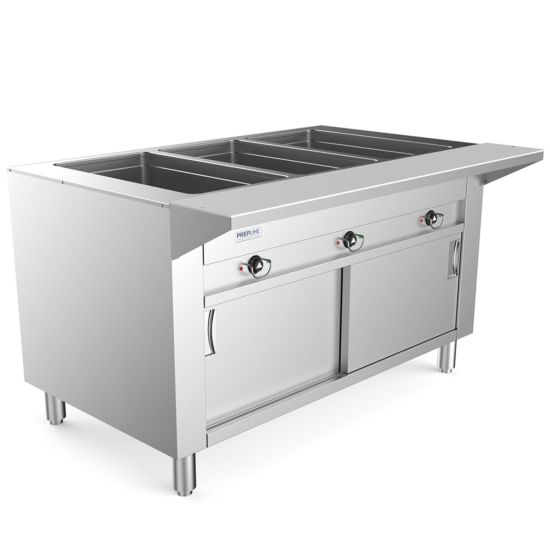 48" Three Pan Open Well Electric Hot Food Steam Table with Enclosed Base and Sliding Doors - 120V, 1500W