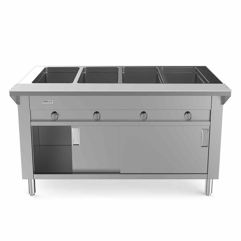 60" Four Pan Open Well Gas Hot Food Steam Table with Enclosed Base and Sliding Doors