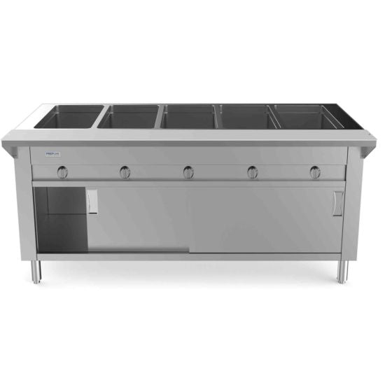 74" Five Pan Sealed Well Gas Hot Food Steam Table with Enclosed Base and Sliding Doors