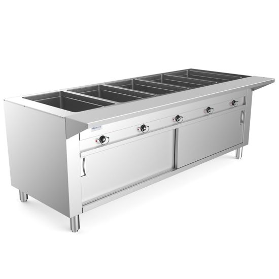 74" Five Pan Open Well Electric Hot Food Steam Table with Enclosed Base and Sliding Doors - 208/240V, 3700W