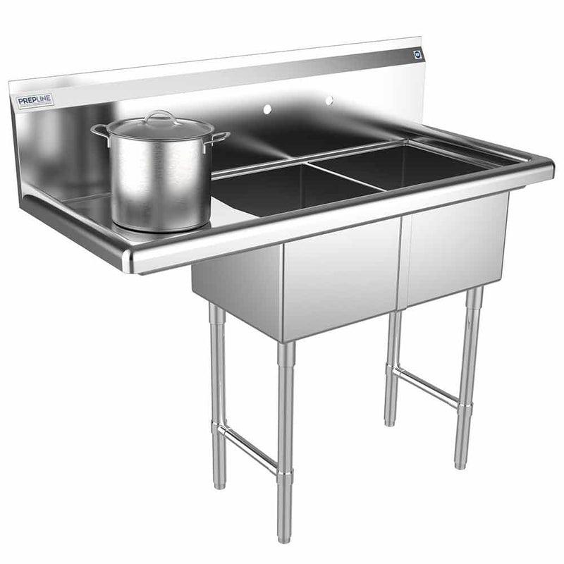 Prepline 42" Stainless Steel Two Compartment Commercial Sink - 18" x 18" Bowls