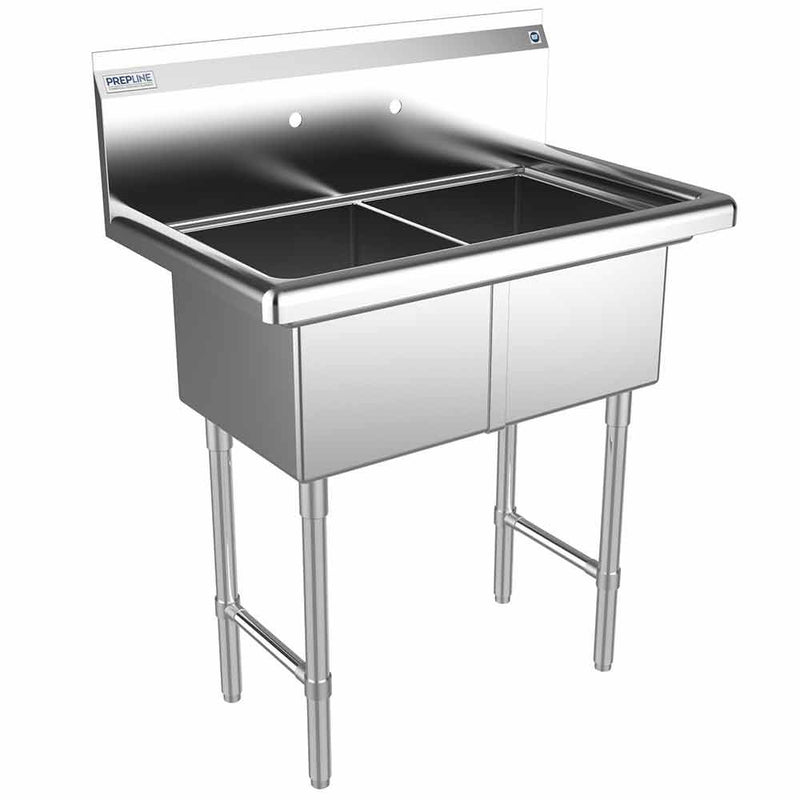Prepline 33" Stainless Steel Two Compartment Commercial Sink - 14" x 16" Bowls