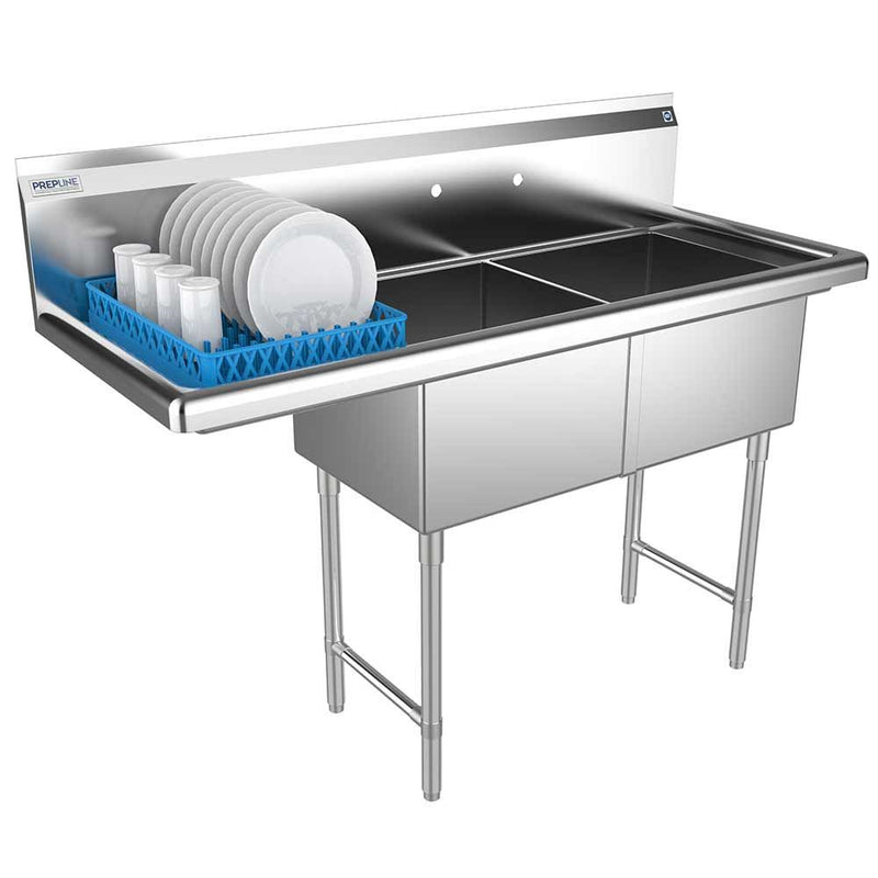 Prepline 56" Stainless Steel Two Compartment Commercial Sink with Left Drainboard - 18" x 18" Bowls
