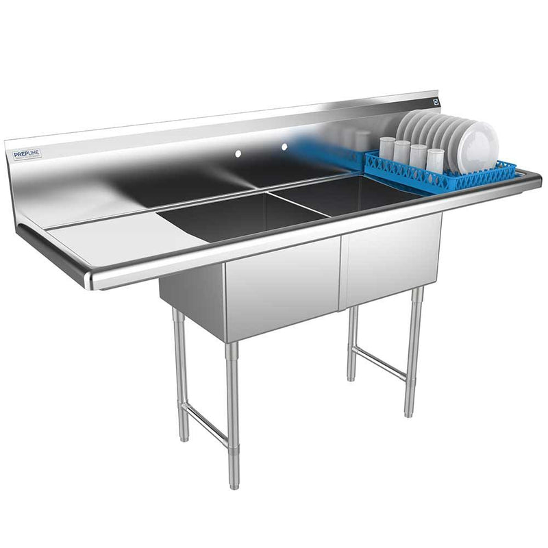 Prepline 72" Stainless Steel Two Compartment Commercial Sink with Left and Right Drainboard - 18" x 18" Bowls