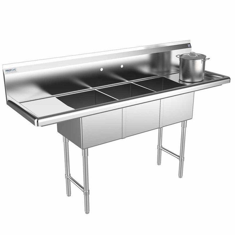 Prepline 66" Stainless Steel Three Compartment Commercial Sink with Left and Right Drainboard - 14" x 16" Bowls