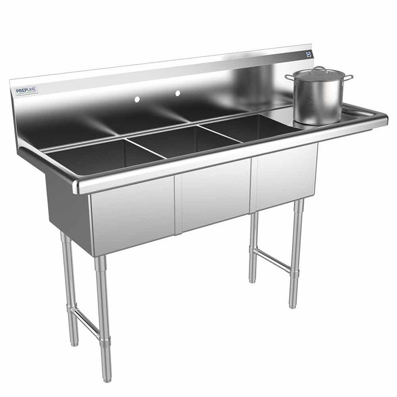 Prepline 56" Stainless Steel Three Compartment Commercial Sink with Right Drainboard - 14" x 16" Bowls