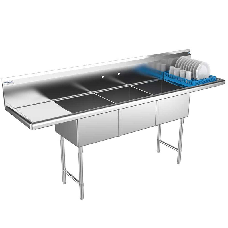 Prepline 90" Stainless Steel Three Compartment Commercial Sink with Left and Right Drainboard - 18" x 18" Bowls